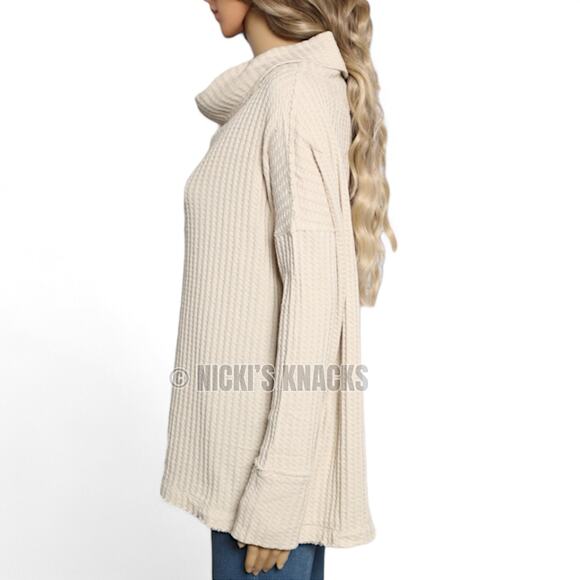 Free People Juicy Waffle Knit Thermal Top Cream Cowl Neck Oversized Fit Size XS - Picture 3 of 12